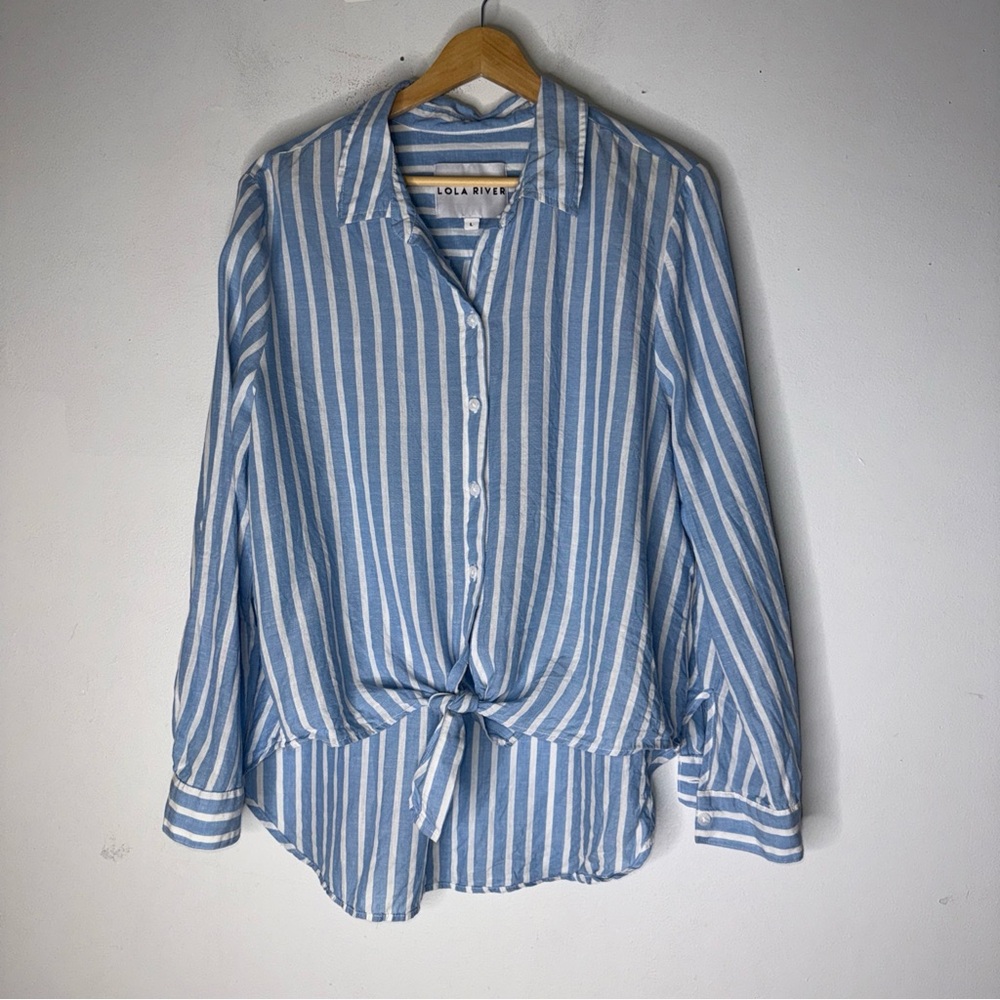 Lola River Blue White Stripe Collar Button Down‎ Tue Front Lyocell Linen Blend L